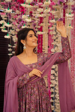 Maroon Floral Printed Rayon Anarkali Suit Set