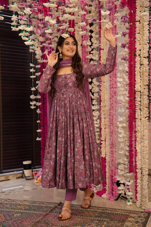 Maroon Floral Printed Rayon Anarkali Suit Set