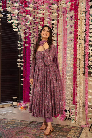 Maroon Floral Printed Rayon Anarkali Suit Set