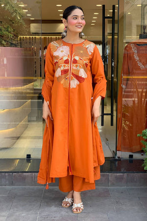 Orange Floral Embroidered Chanderi Kurti Pant Set
