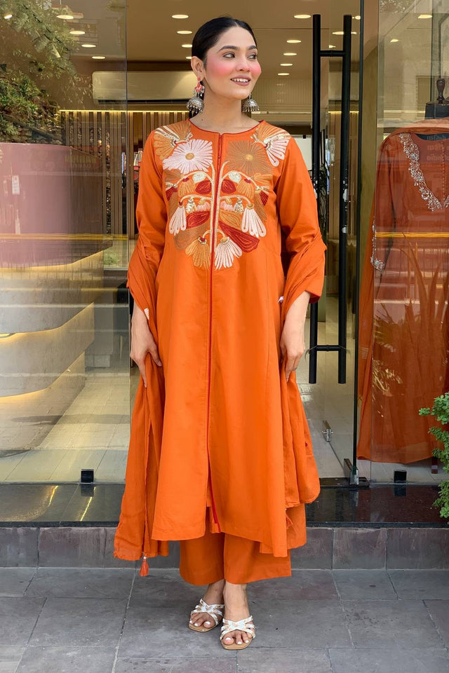 Orange Floral Embroidered Chanderi Kurti Pant Set
