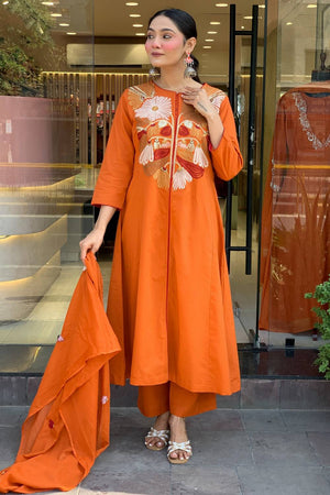 Orange Floral Embroidered Chanderi Kurti Pant Set