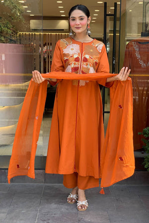 Orange Floral Embroidered Chanderi Kurti Pant Set