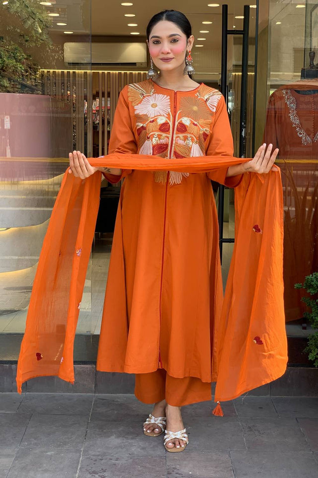 Orange Floral Embroidered Chanderi Kurti Pant Set