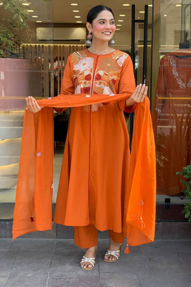 Orange Floral Embroidered Chanderi Kurti Pant Set
