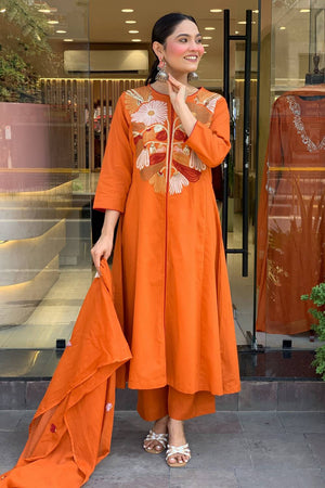 Orange Floral Embroidered Chanderi Kurti Pant Set