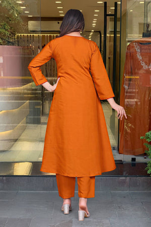 Orange Floral Embroidered Chanderi Kurti Pant Set