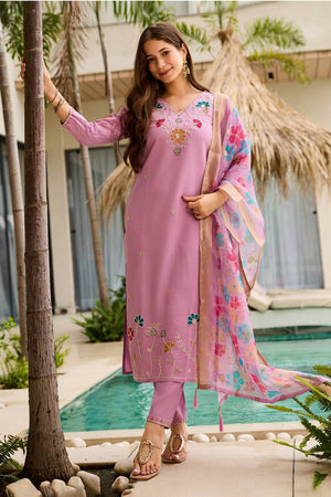 Pink Floral Embroidered Viscose Straight Cut Suit Set