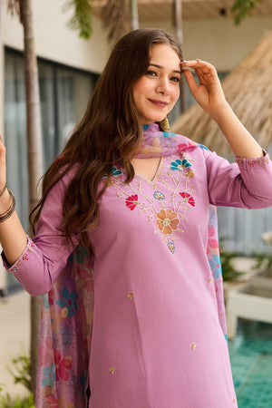 Pink Floral Embroidered Viscose Straight Cut Suit Set