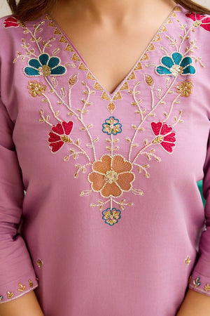 Pink Floral Embroidered Viscose Straight Cut Suit Set