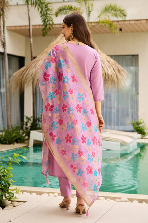 Pink Floral Embroidered Viscose Straight Cut Suit Set