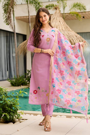 Pink Floral Embroidered Viscose Straight Cut Suit Set