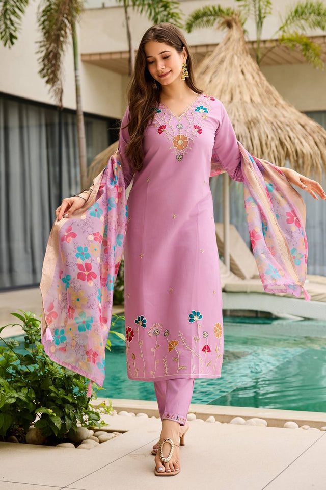 Pink Floral Embroidered Viscose Straight Cut Suit Set