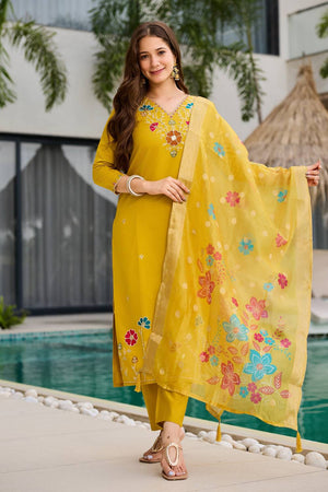 Yellow Floral Embroidered Viscose Straight Cut Suit Set