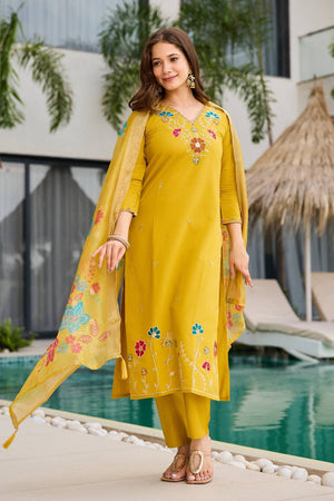 Yellow Floral Embroidered Viscose Straight Cut Suit Set