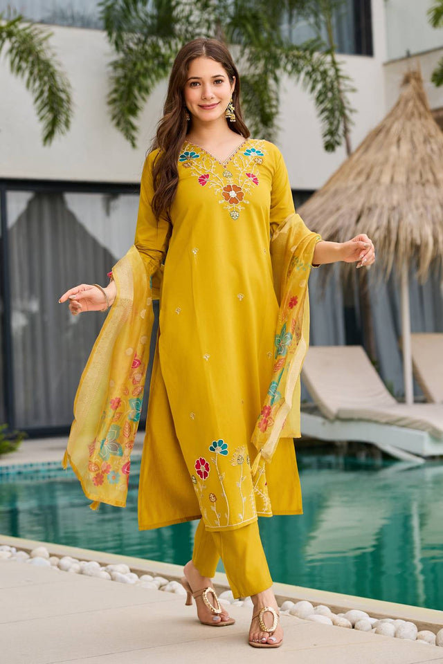 Yellow Floral Embroidered Viscose Straight Cut Suit Set