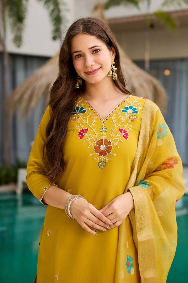 Yellow Floral Embroidered Viscose Straight Cut Suit Set