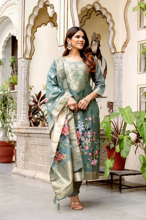 Green Floral Printed Cotton Straight Cut Suit Set