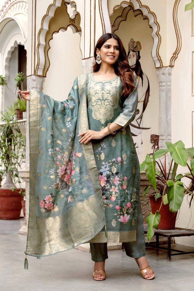 Green Floral Printed Cotton Straight Cut Suit Set