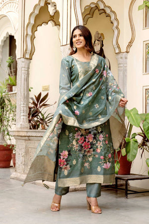 Green Floral Printed Cotton Straight Cut Suit Set