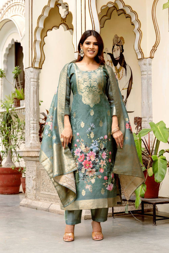 Green Floral Printed Cotton Straight Cut Suit Set