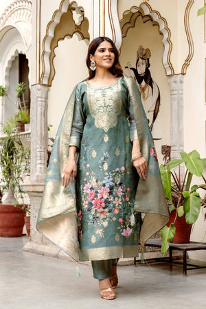 Green Floral Printed Cotton Straight Cut Suit Set