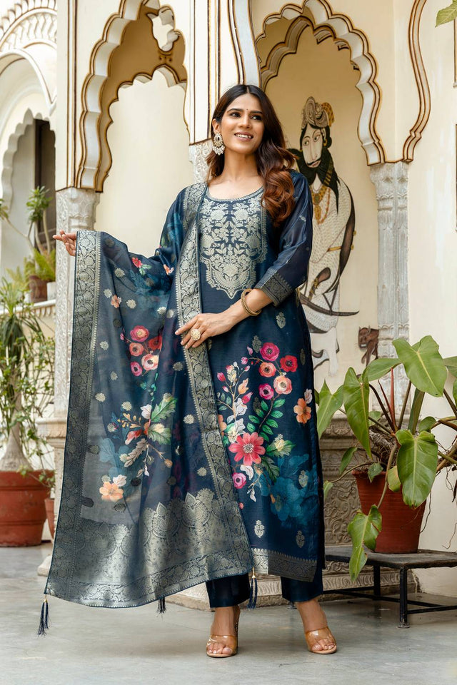 Turquoise Floral Printed Cotton Straight Cut Suit Set