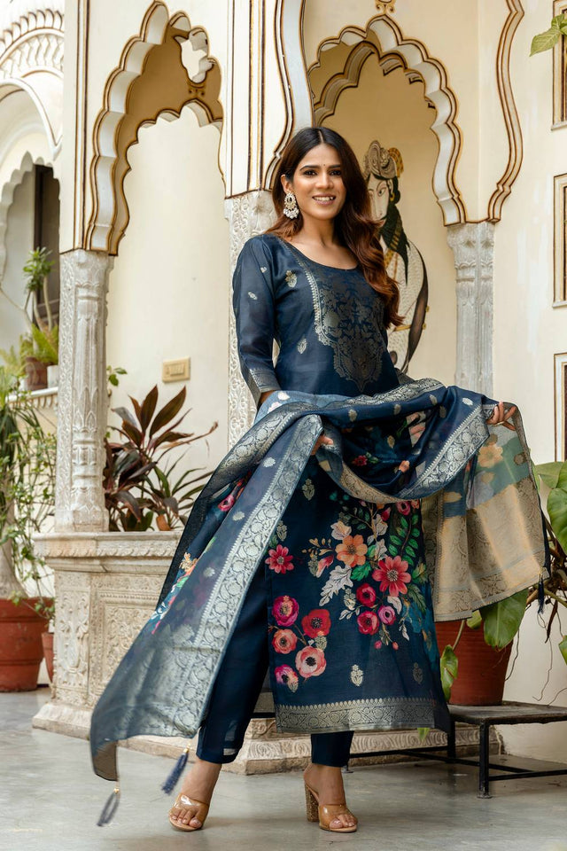 Turquoise Floral Printed Cotton Straight Cut Suit Set