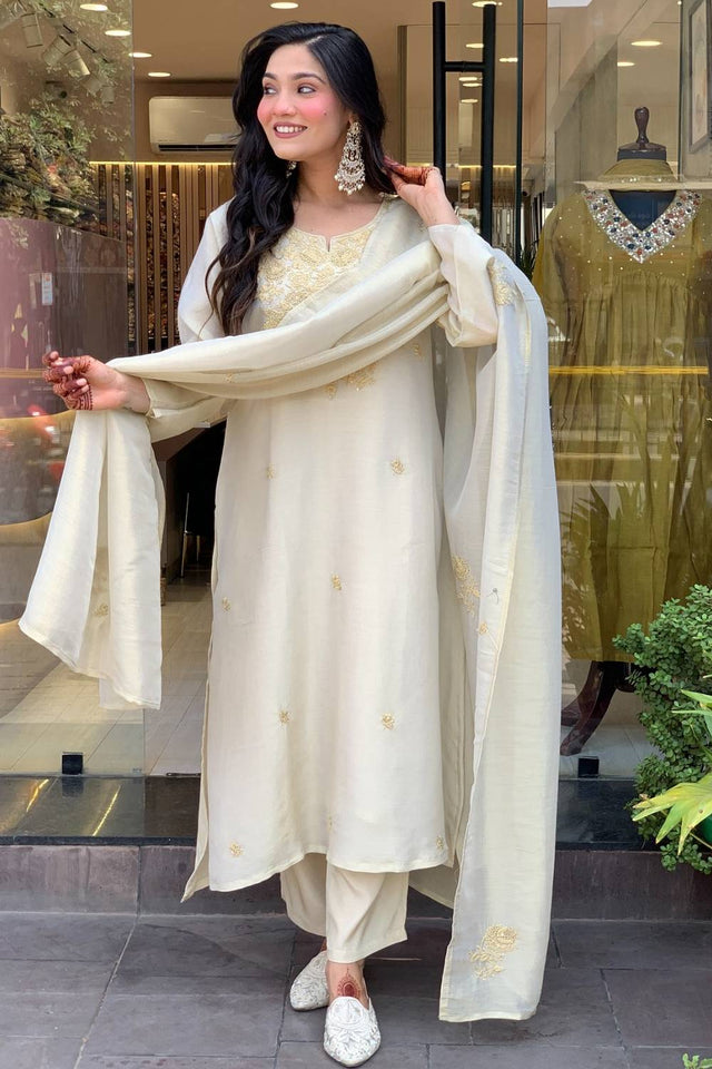 White Floral Embroidered Chanderi Straight Cut Suit Set