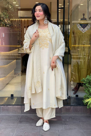 White Floral Embroidered Chanderi Straight Cut Suit Set