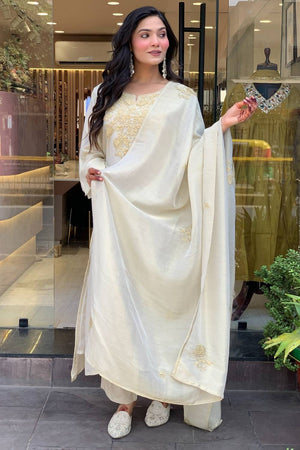 White Floral Embroidered Chanderi Straight Cut Suit Set