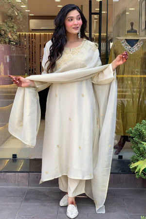 White Floral Embroidered Chanderi Straight Cut Suit Set