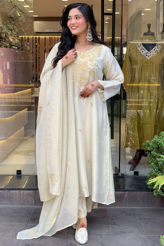 White Floral Embroidered Chanderi Straight Cut Suit Set