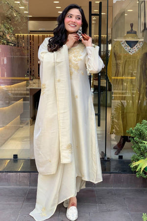White Floral Embroidered Chanderi Straight Cut Suit Set
