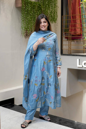 Blue Floral Embroidered Chanderi Anarkali Suit Set