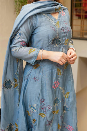 Blue Floral Embroidered Chanderi Anarkali Suit Set