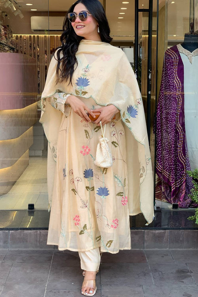Cream Floral Embroidered Chanderi Anarkali Suit Set
