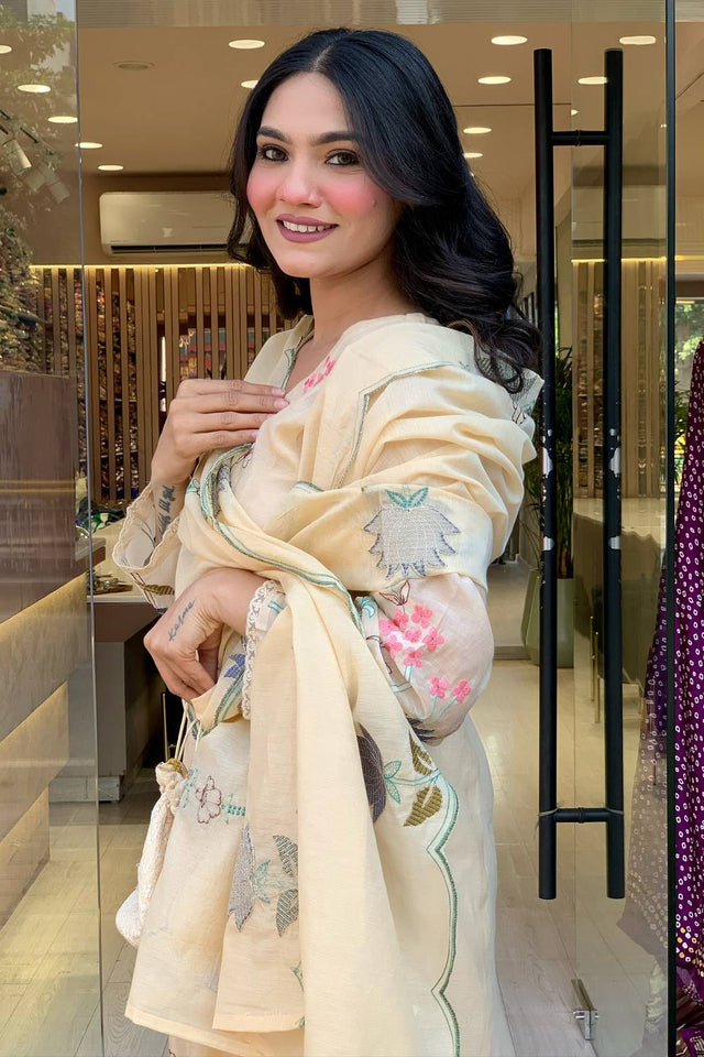 Cream Floral Embroidered Chanderi Anarkali Suit Set