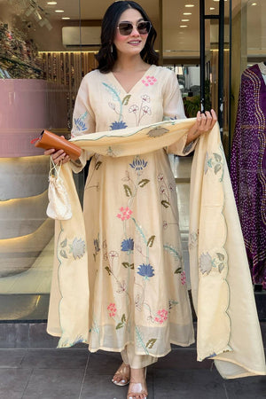 Cream Floral Embroidered Chanderi Anarkali Suit Set
