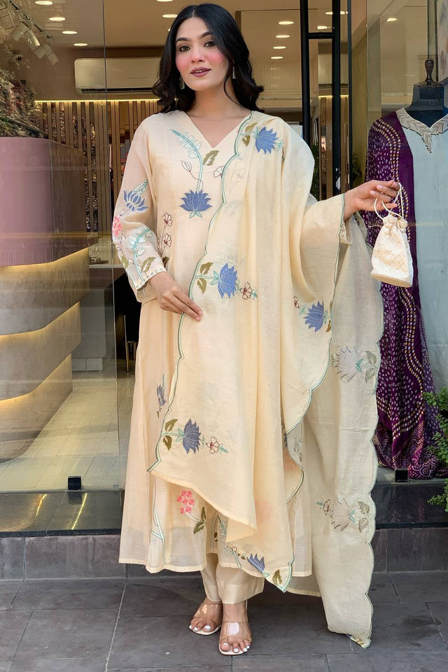 Cream Floral Embroidered Chanderi Anarkali Suit Set