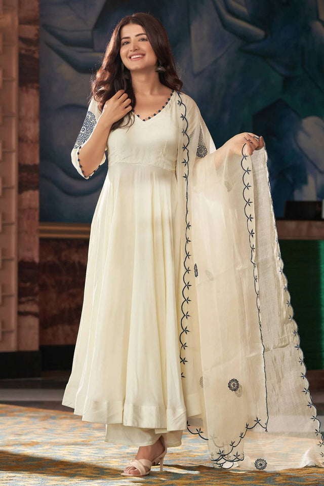 White Embroidered Silk Anarkali Suit Set