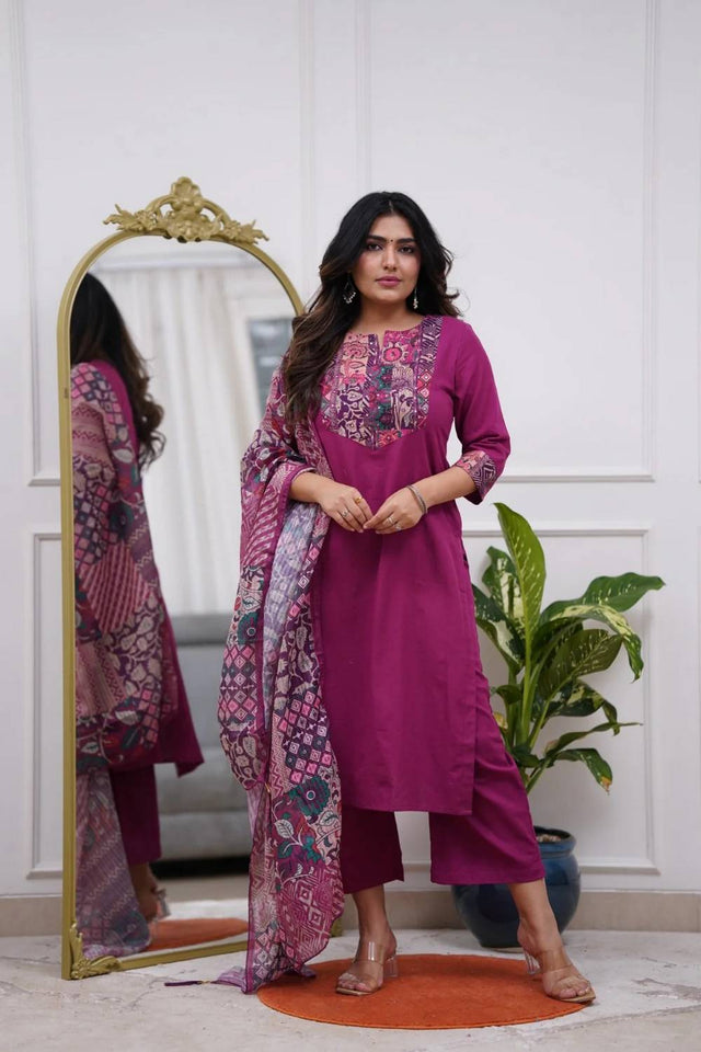 Pink Embroidered Rayon Kurti Pant Set