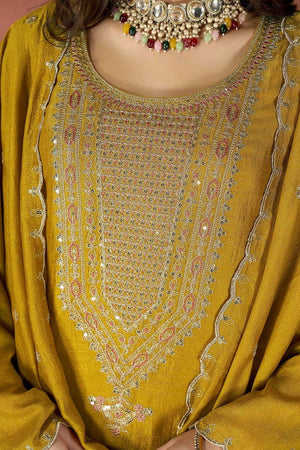 Mustard Sequin with Embroidered Silk Kurti Pant Set