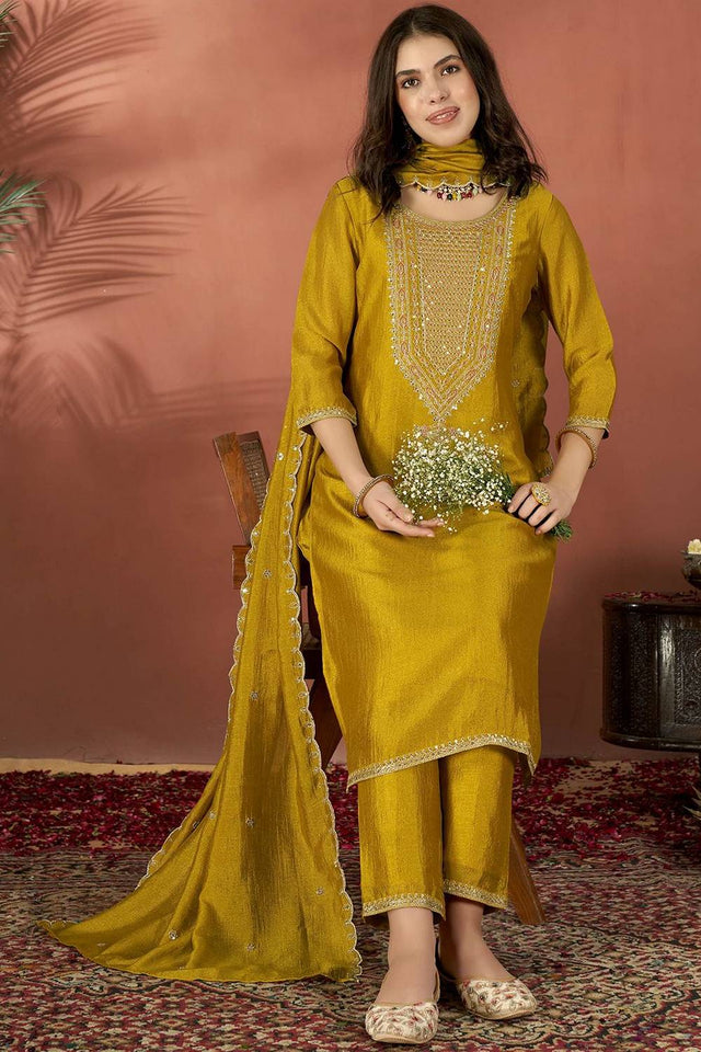 Mustard Sequin with Embroidered Silk Kurti Pant Set