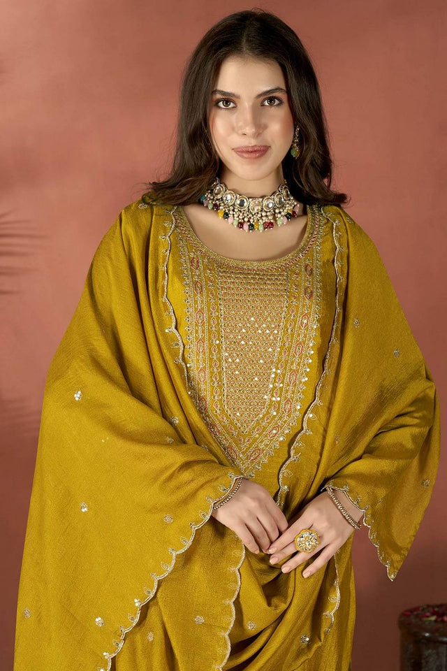 Mustard Sequin with Embroidered Silk Kurti Pant Set