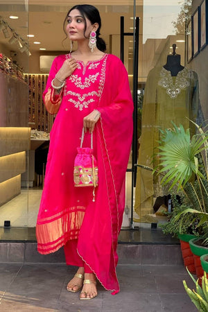 Pink Floral Embroidered Viscose Kurti Pant Set