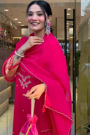 Pink Floral Embroidered Viscose Kurti Pant Set