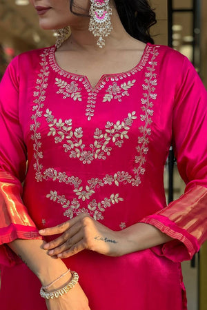 Pink Floral Embroidered Viscose Kurti Pant Set