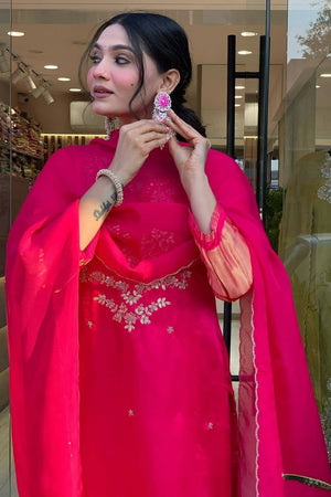 Pink Floral Embroidered Viscose Kurti Pant Set