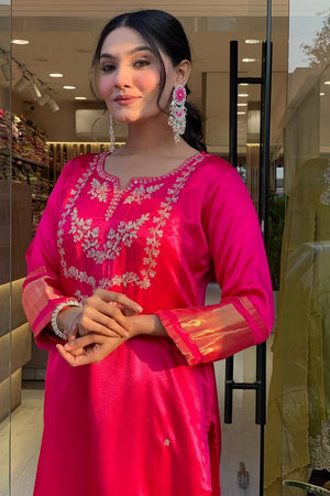 Pink Floral Embroidered Viscose Kurti Pant Set